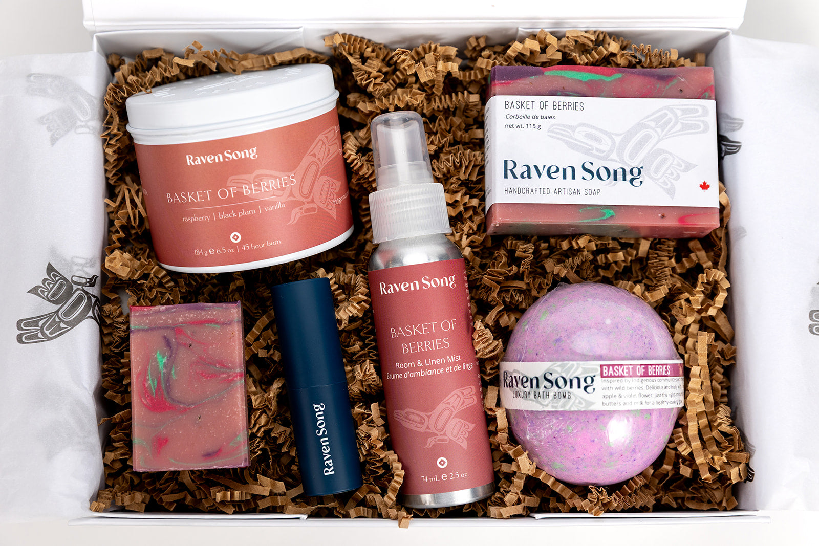 Basket of Berries Luxury Indigenous soap & candle gift box with wild strawberry, green apple, and violet flower scents.