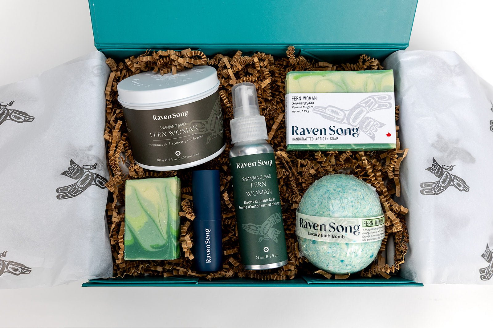 Fern Woman Luxury Indigenous soap & candle gift box with juniper fir, balsam, and red berry scents handmade in BC.