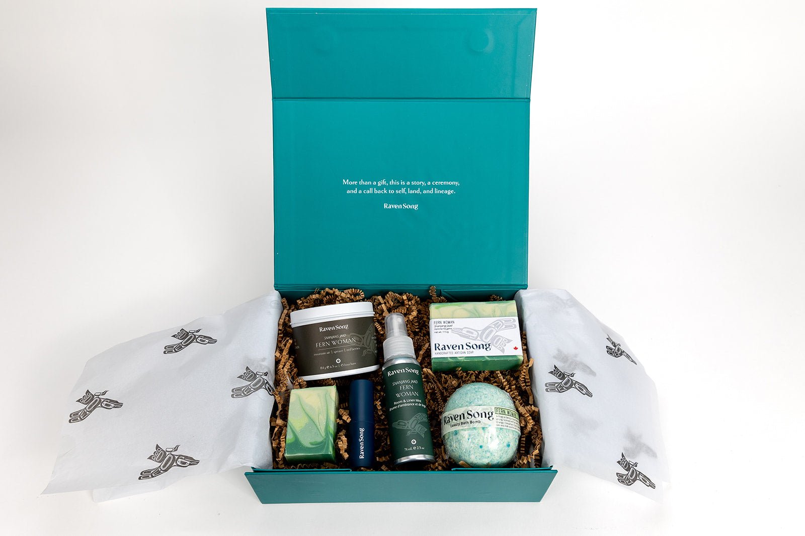 Fern Woman Luxury Indigenous soap & candle gift box with juniper fir, balsam, and red berry scents handmade in BC.