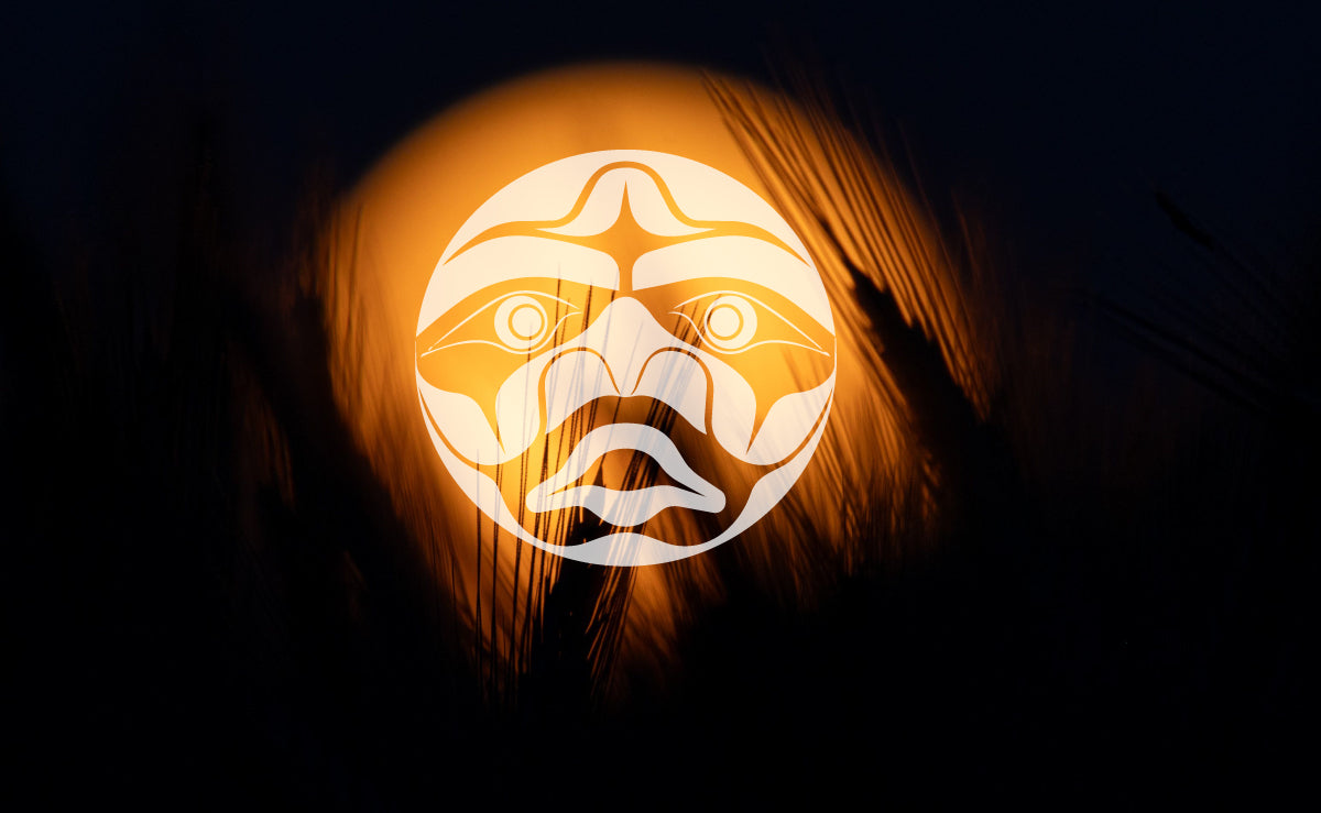 September Harvest Moon with Indigenous Artist Illustration of a moon face glowing in the night sky