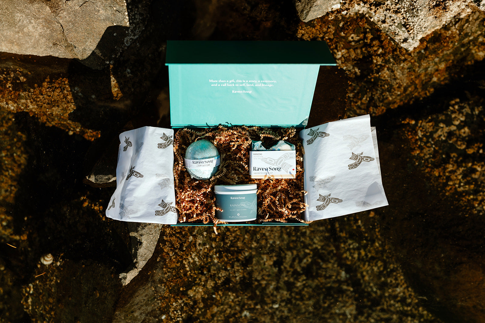 Luxury Gift Box Made in Canada by Indigenous wellness brand RavenSong includes soap, candle and bath bomb set made on Vancouver Island
