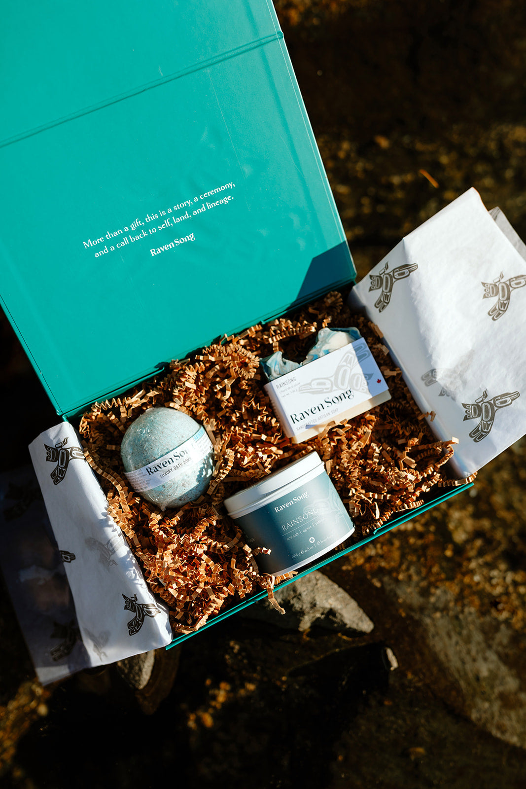 Luxury Gift Box Made in Canada by Indigenous wellness brand RavenSong includes soap, candle and bath bomb set
