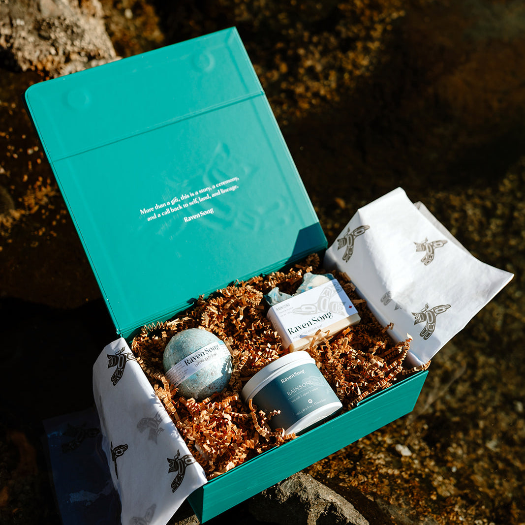 Luxury Gift Box Made in Canada by Indigenous wellness brand RavenSong includes soap, candle and bath bomb set
