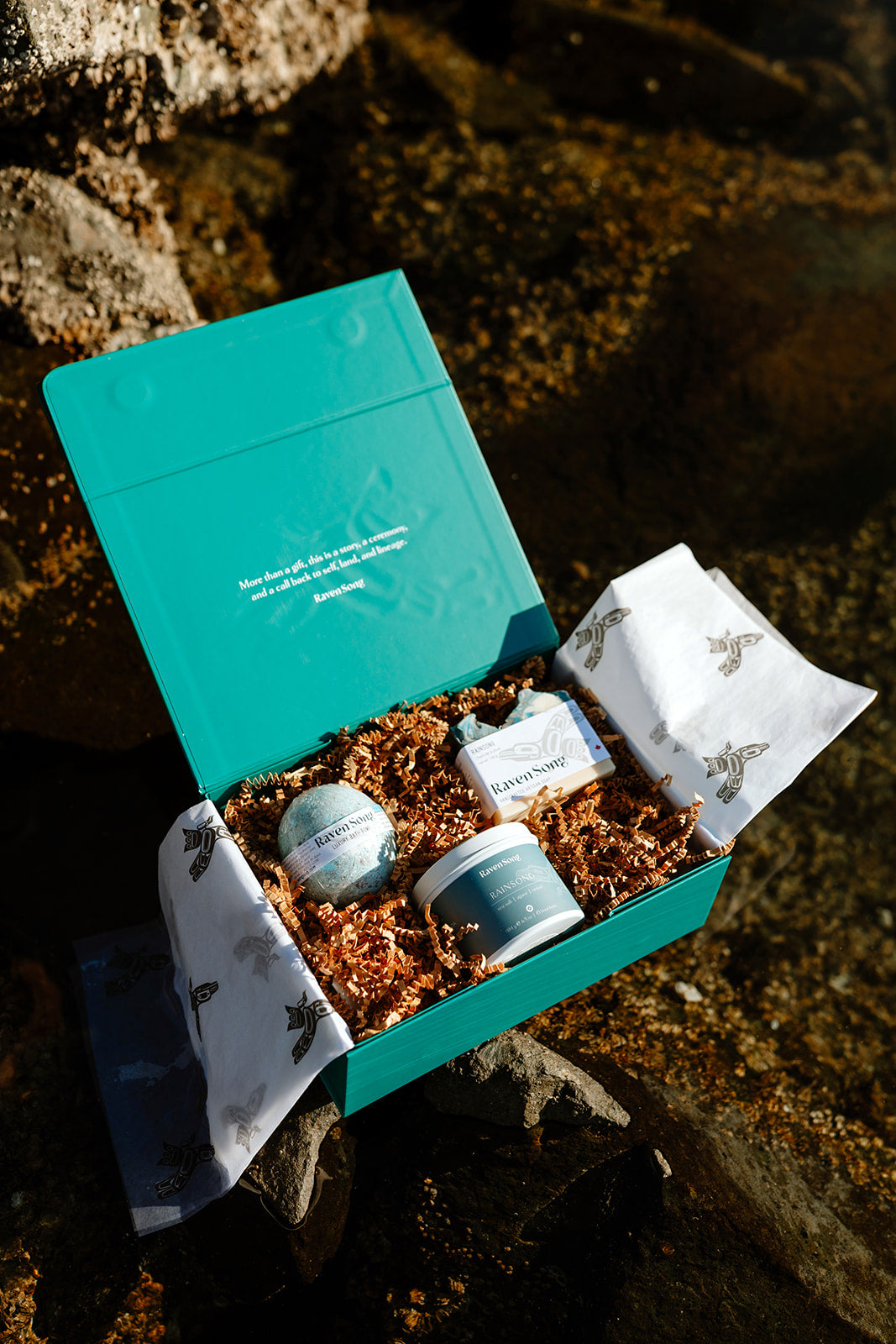 Luxury Gift Box Made in Canada by Indigenous wellness brand RavenSong includes soap, candle and bath bomb set