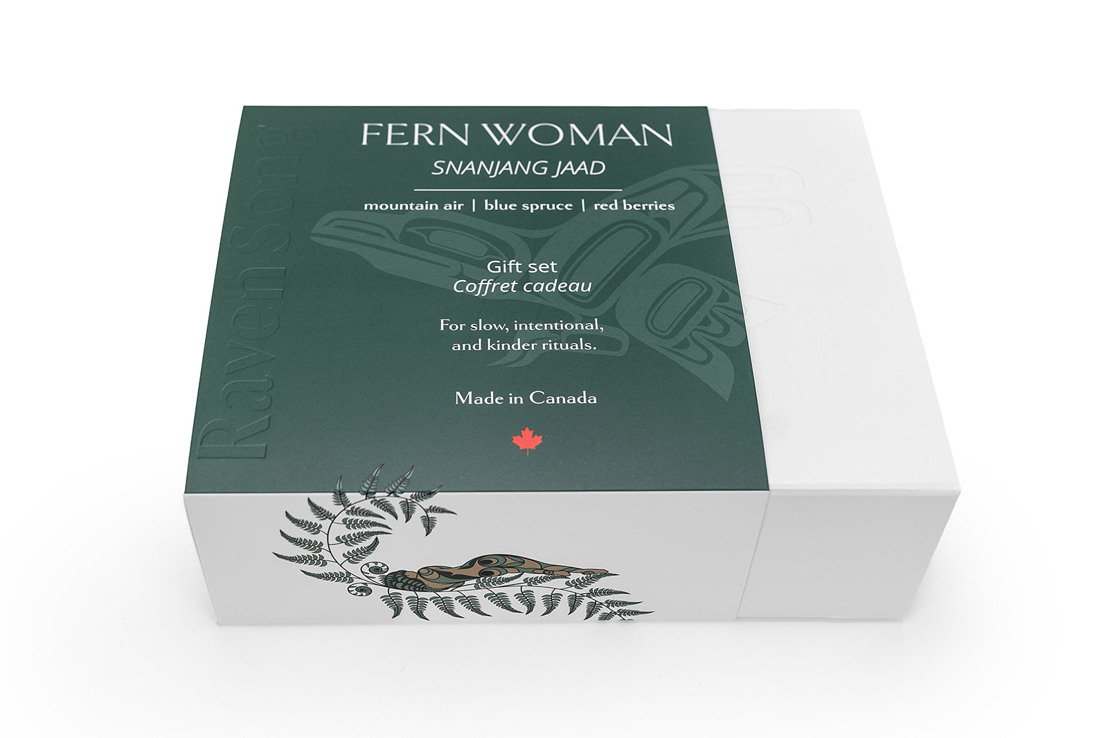 RavenSong Fern Woman gift box with embossed raven artwork and magnetic closure packaging