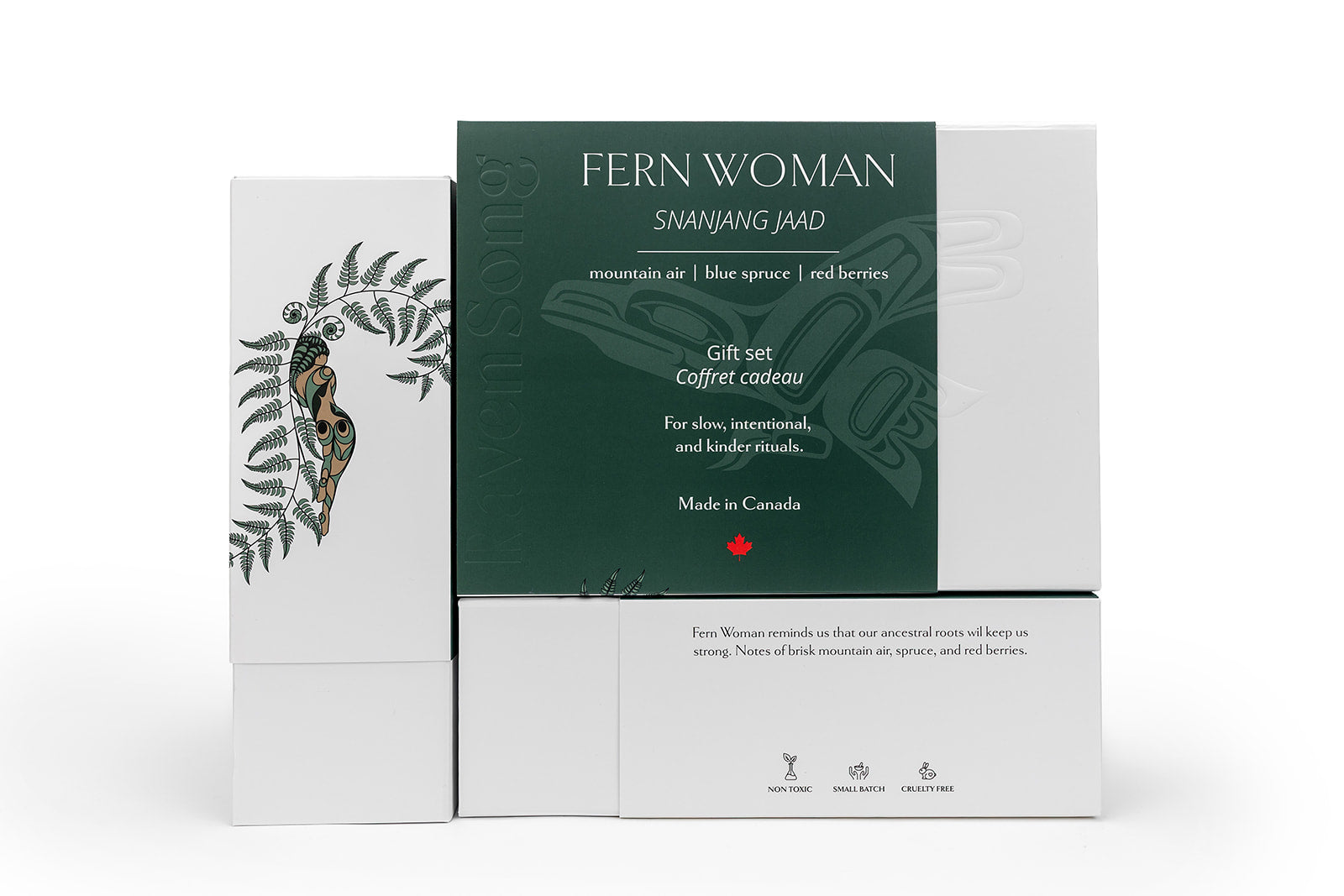 Fern Woman Luxury Artisan Gift Box by RavenSong featuring Indigenous-inspired soap, candle, bath bomb, room mist, and lip butter in a premium gift box