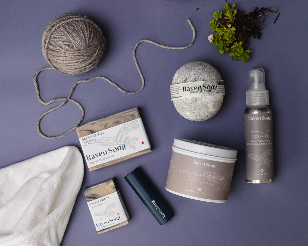 Cowichan Sweater Gift Box Set filled with Bath and Body products from Canadian Indigenous Brand Ravensong