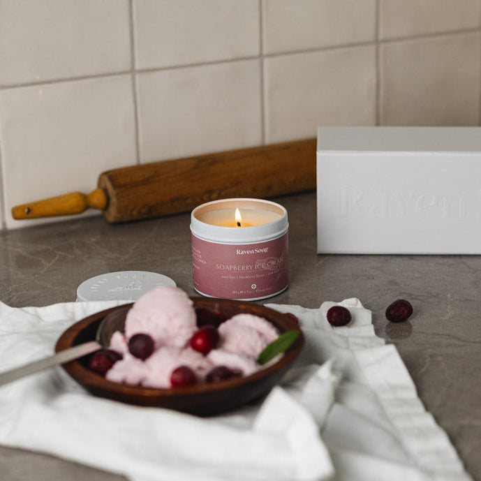 Soapberry Ice Cream Scented Candle reminiscent of First Nations dessert by Vancouver Island brand Ravensong