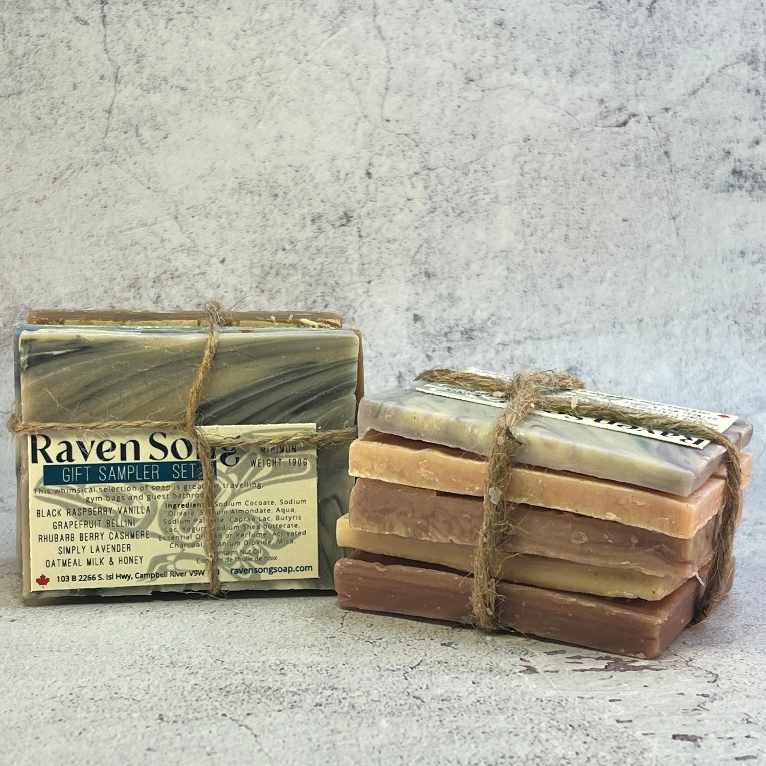 Ravensong sample botanical soaps in guest sizes perfect for AirBNBs, gym bags and guest bathrooms