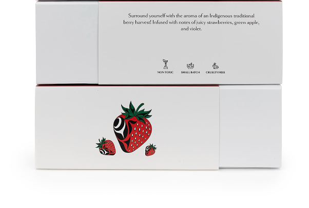 White packaging box with strawberry design and text on a white background
