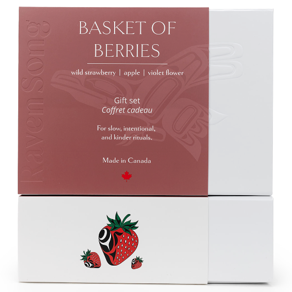 Gift set packaging with 'Basket of Berries' text and strawberry illustration on a white background