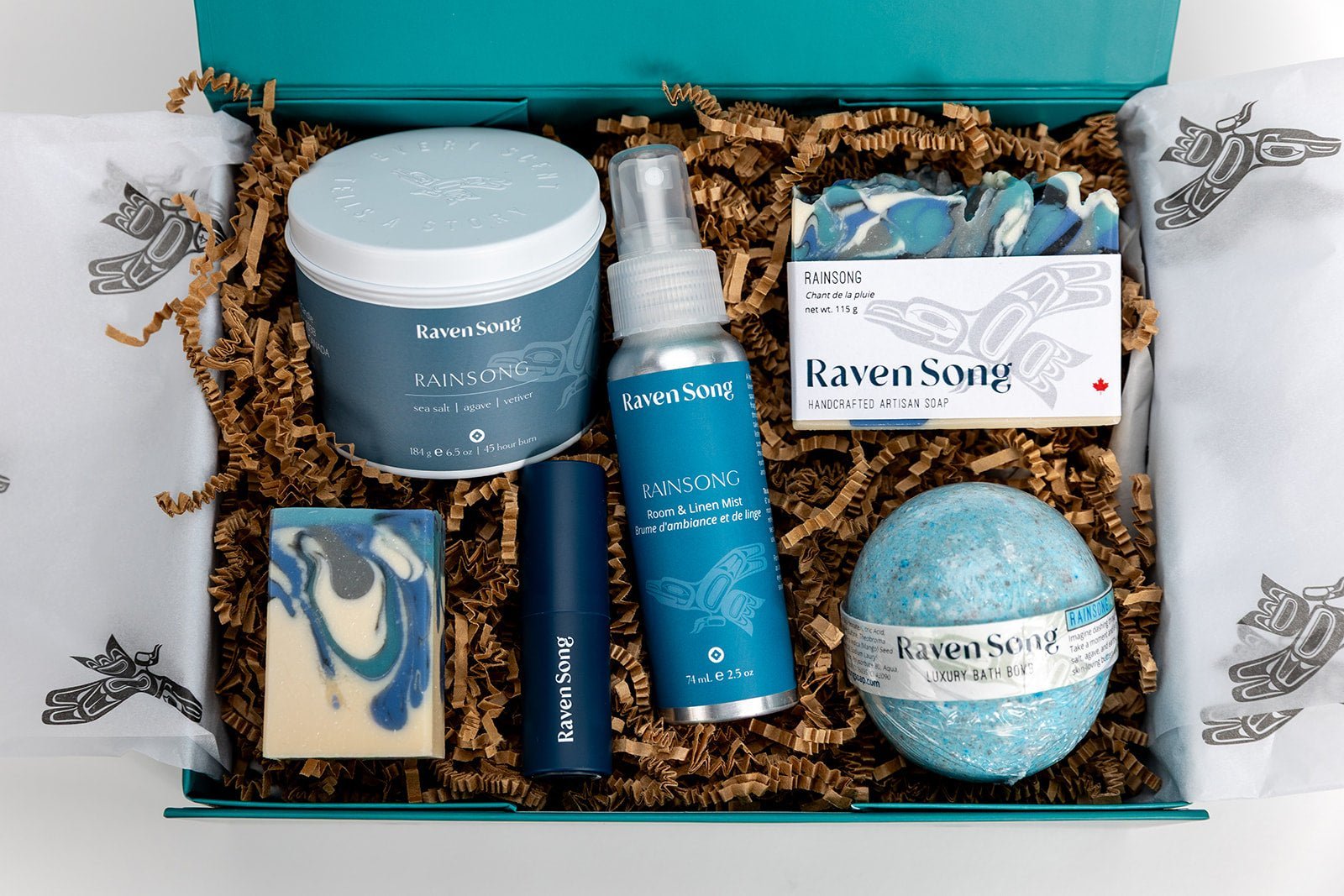 Rainsong Luxury Indigenous soap & candle gift box featuring sea salt, agave, and vetiver scents handcrafted in BC.